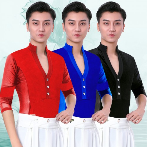 Men royal blue black red Latin dance shirt male adult V-neck exercise latin dance clothes modern dance dance tops for male